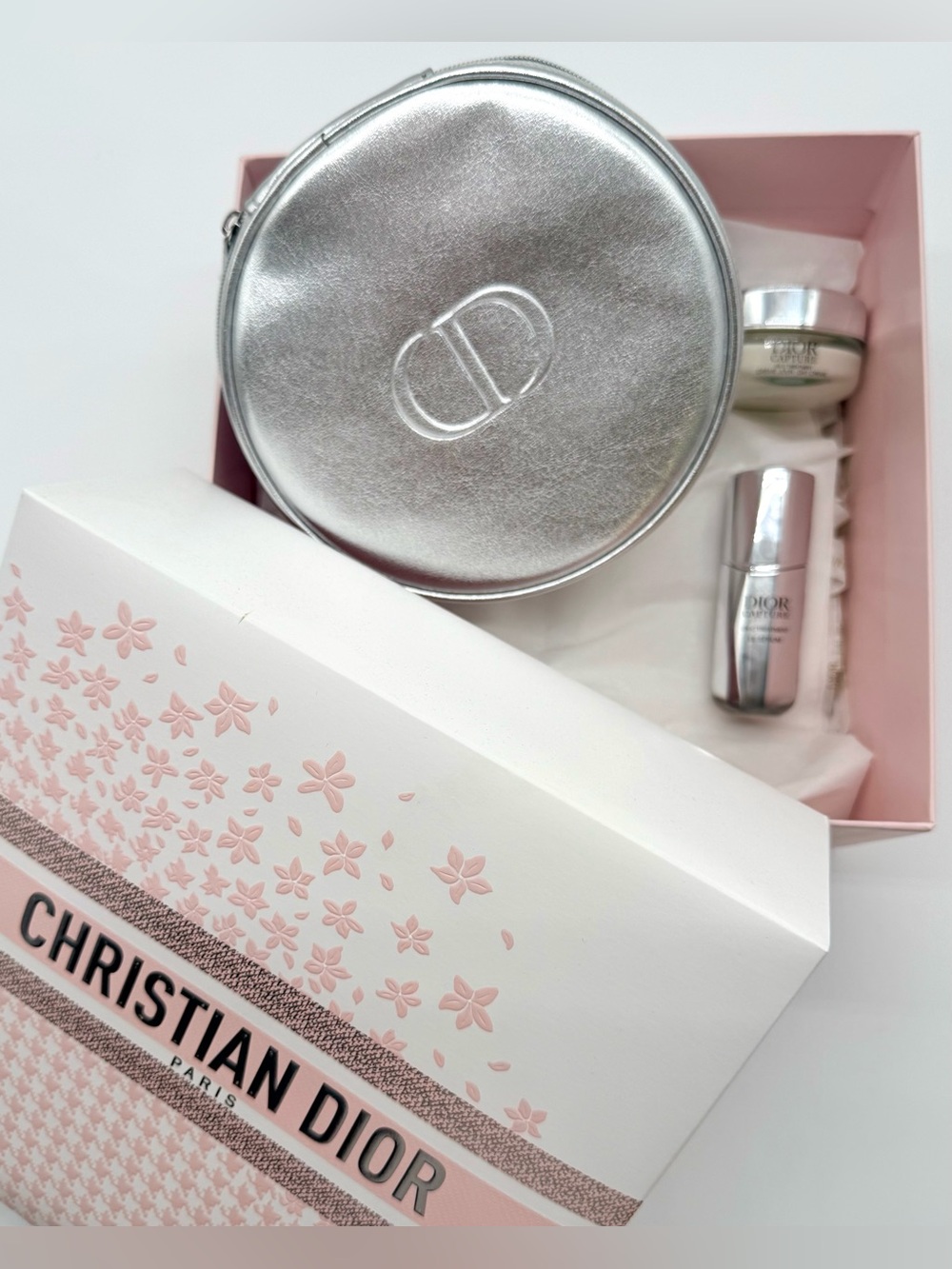 CHRISTIAN DIOR Metallic Silver Makeup Pouch And Skincare Products Bundle NEW